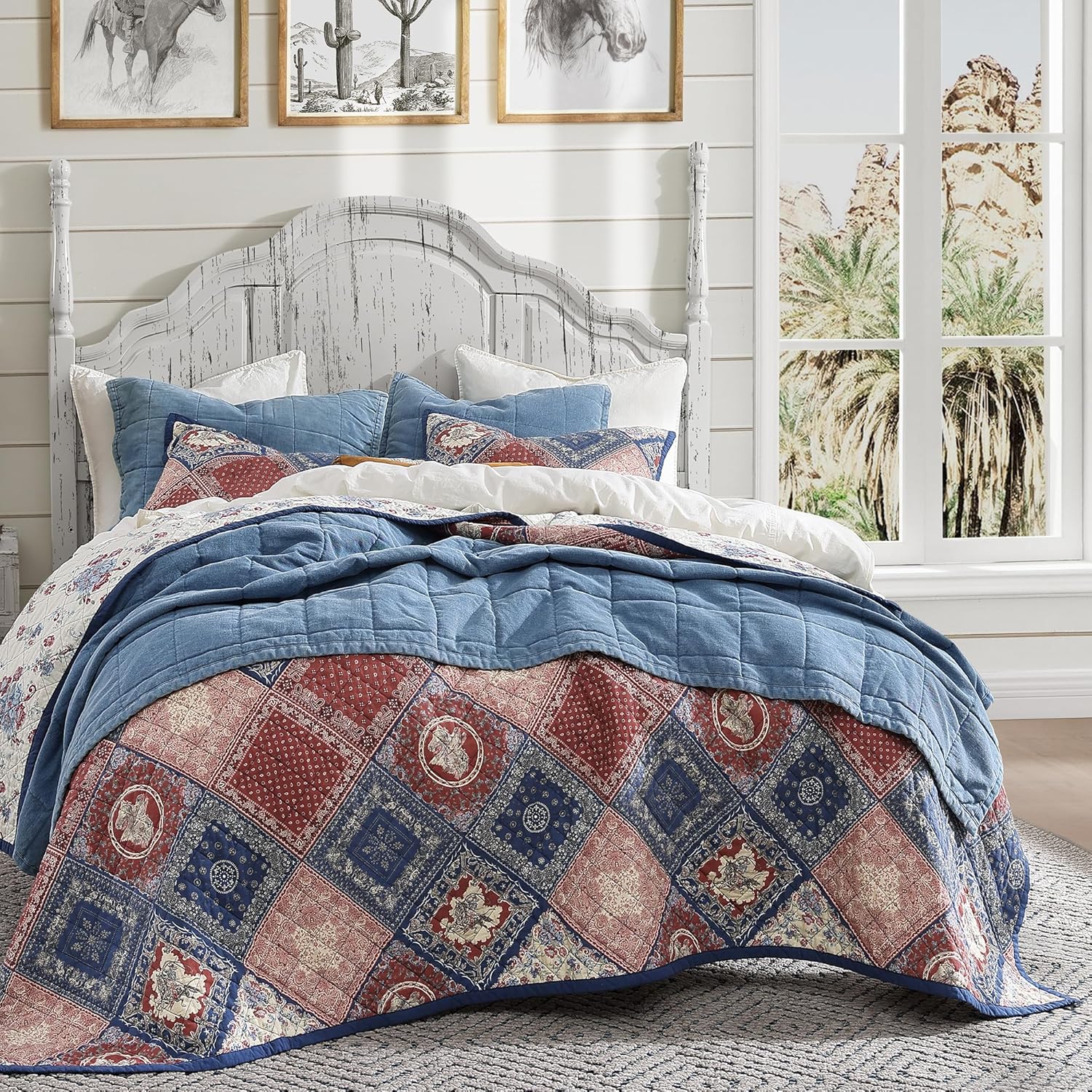 Tasha Polizzi for Paseo Road Patchwork Bandana Western Bedding Set, 3 Piece King Cotton Quilt Sets, Red Blue Medallion Paisley Country, Reversible Floral Print Beddings with Pillow Shams