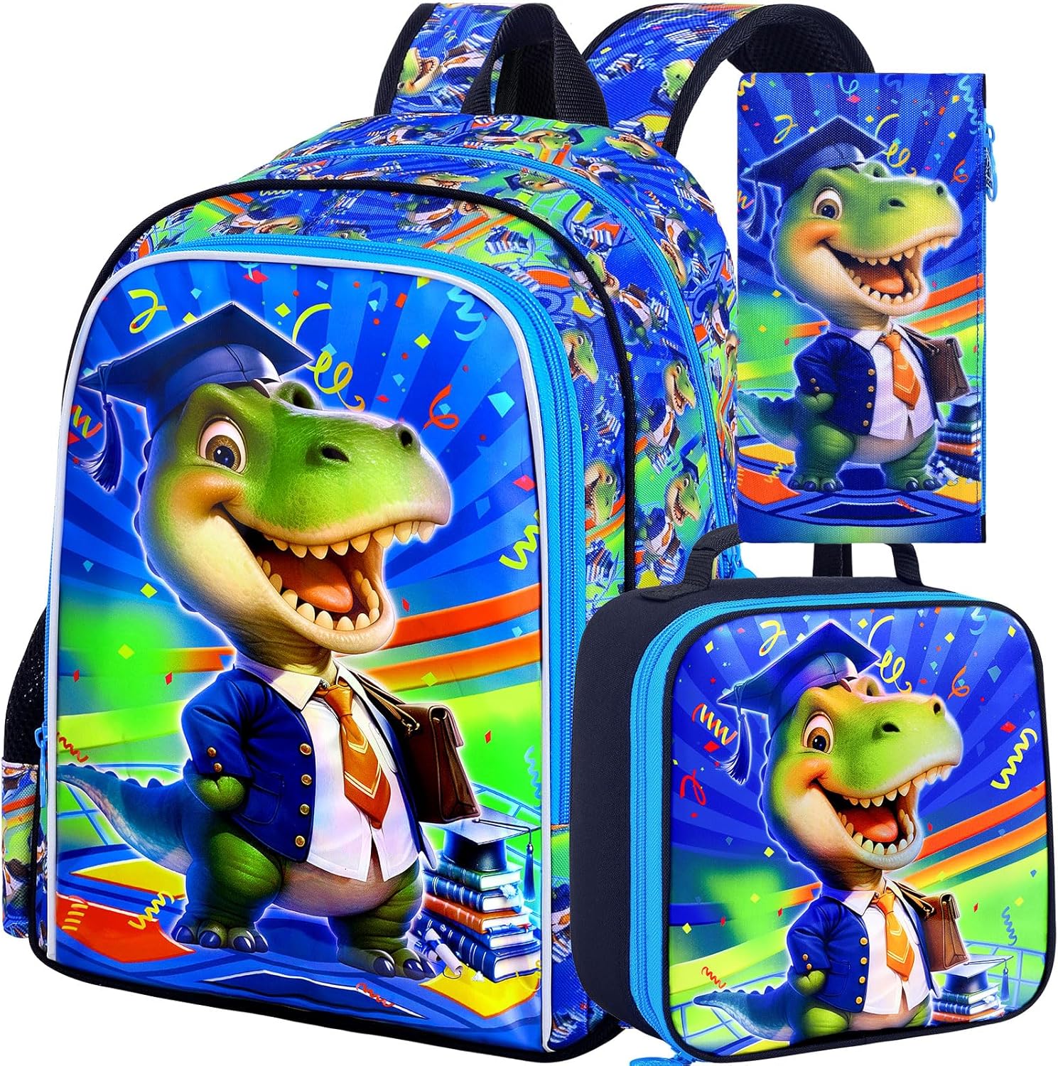 AGSDON 3PCS Dinosaur Backpack for Boys, Kids Bookbag Water Resistant School Bookbag for Elementary, Boy Backpacks with Lunch Box
