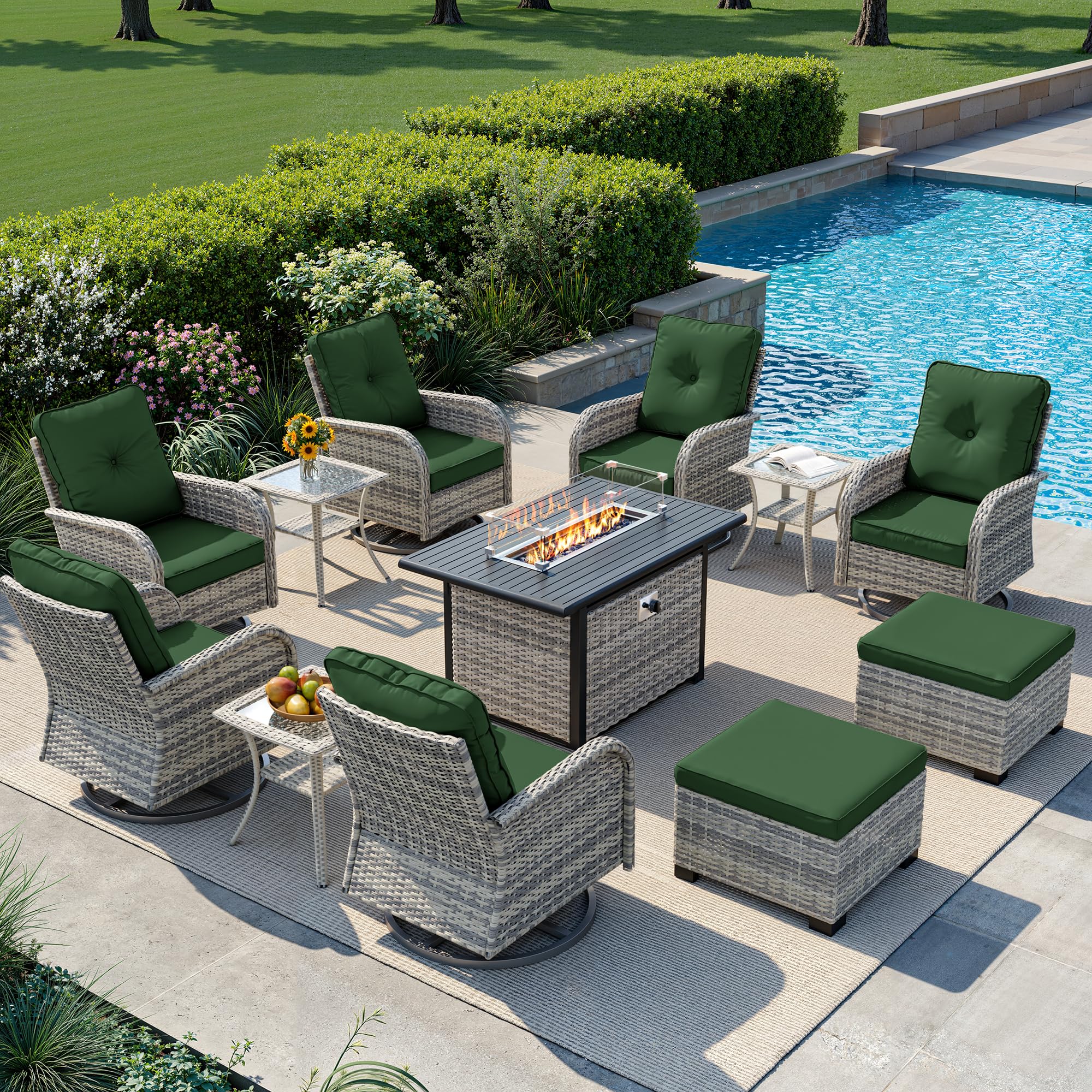 12-Piece Small Patio Furniture Set, Outdoor Swivel Rocking Chairs Set with 55,000 BTU Fire Pit Table Wicker Chairs and Ottomans, Patio Bistro Set for Balcony, Deck, Porch,Dark Green