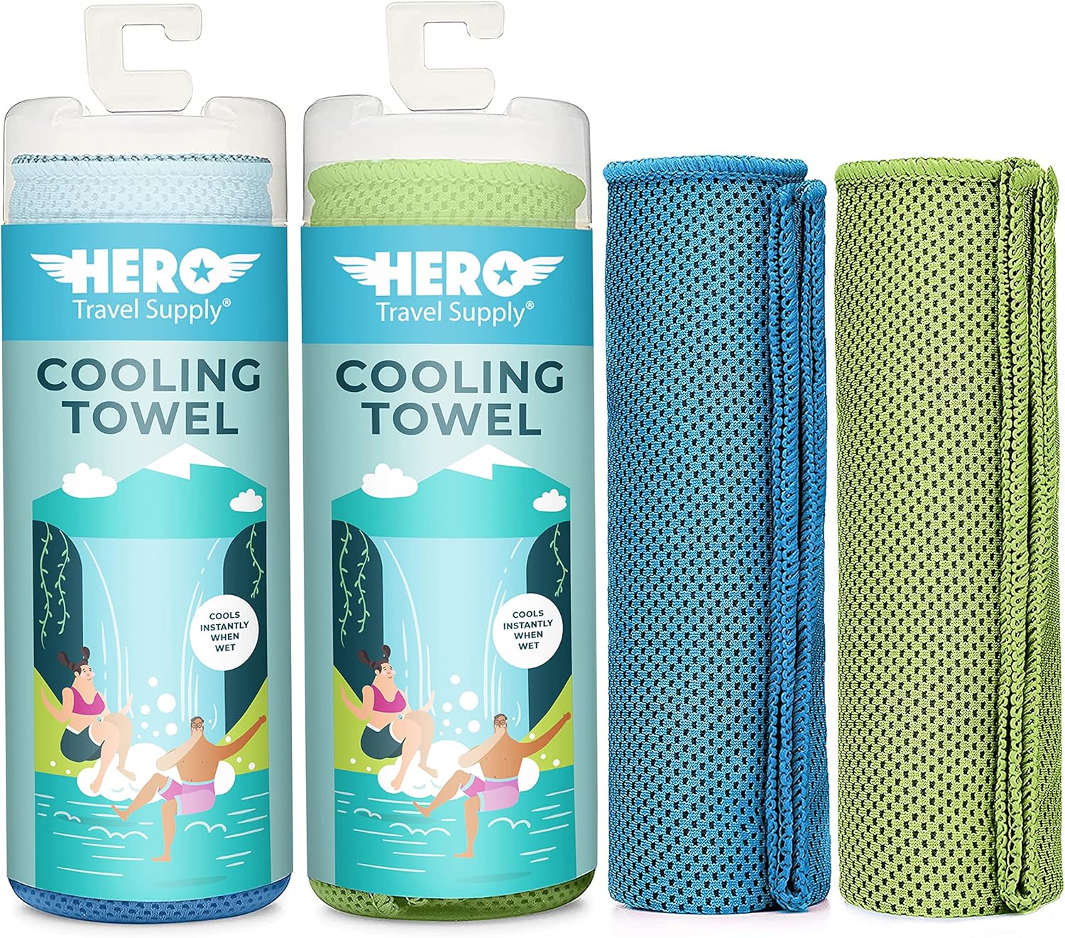 Hero Cooling Towel for Travel, Hiking, Sports, Yoga (2-Pack) Ultra Soft Microfiber 40" x 12" (Blue/Green)