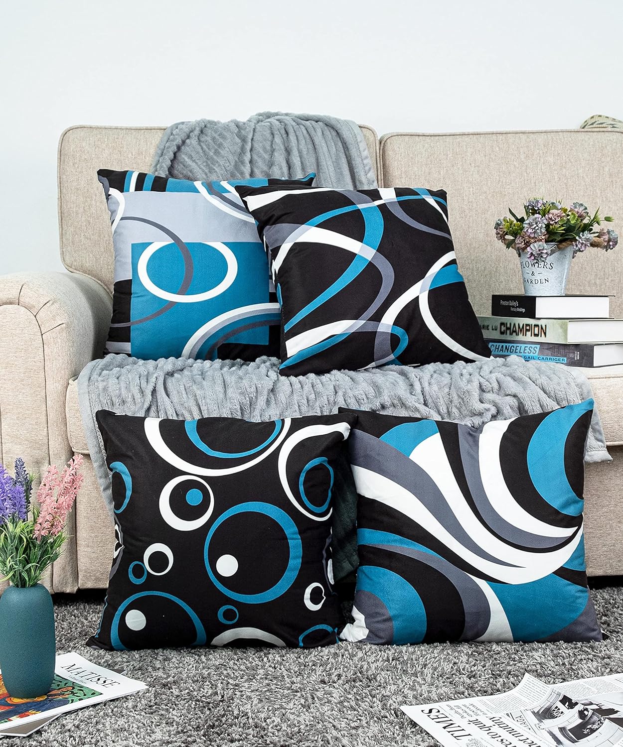 Throw Pillow Covers Set of 4 Decor Decorative Throw Pillow Cover Abstract Modern Geometric Teal Square Cushion Cases for Sofa Bed Couch, Black and Blue, 20 inches x20 inches