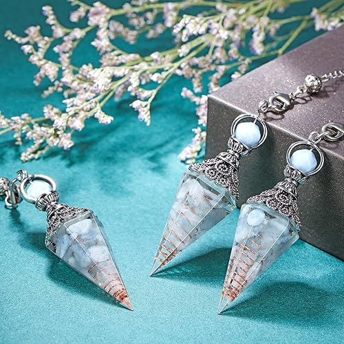 Miniatura 6 de GEHECRST Péndulo de cristal curativo de aguamarina natural, péndulo de piedras preciosas Reiki, péndulo de orgón, 6 facetas hexagonales puntiagudas,