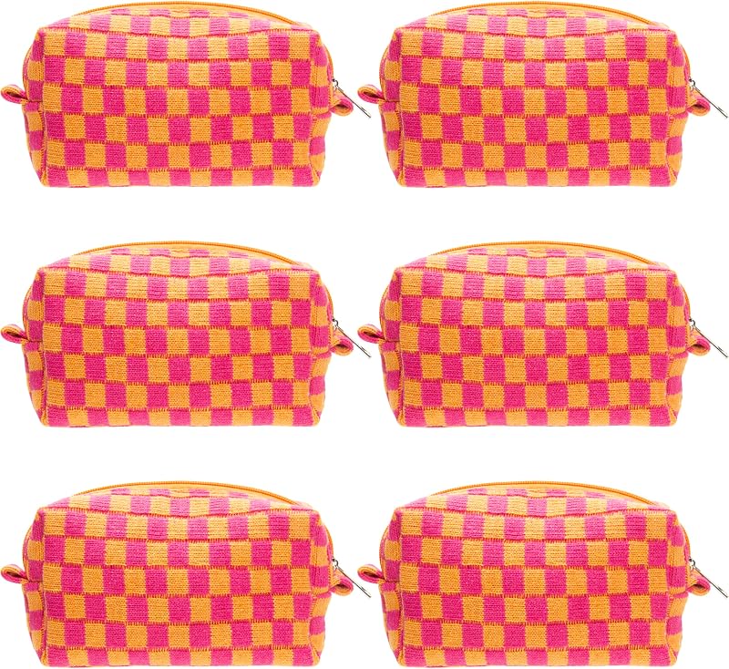 Necessaire de maquiagem PAZIMIIK xadrez Red Orange com zíper, 6 unidades