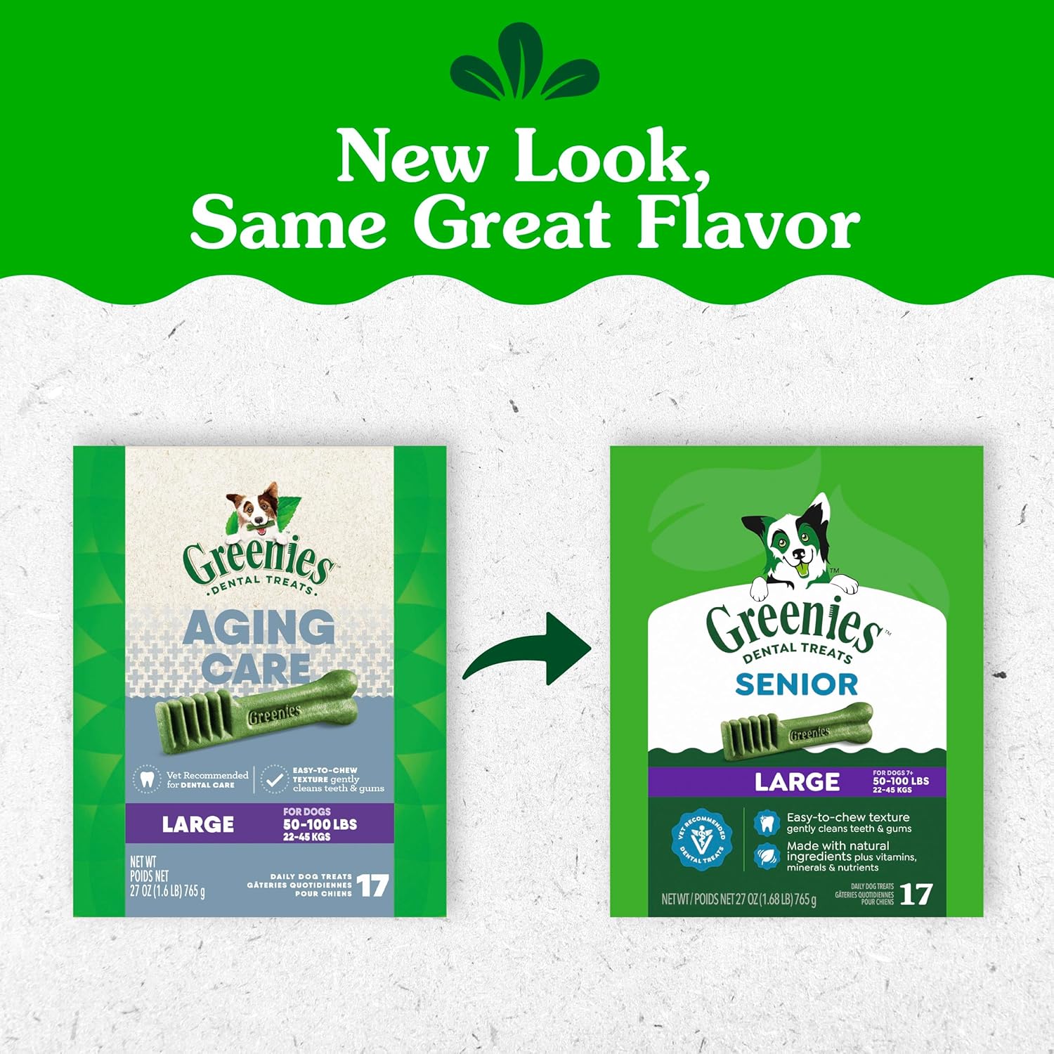 Greenies Dental Treats for Dogs, Veterinarian-Recommended Aging Care Adult Natural Dental Dog Treats, Large Size, 27 oz. Pack, 17 Count