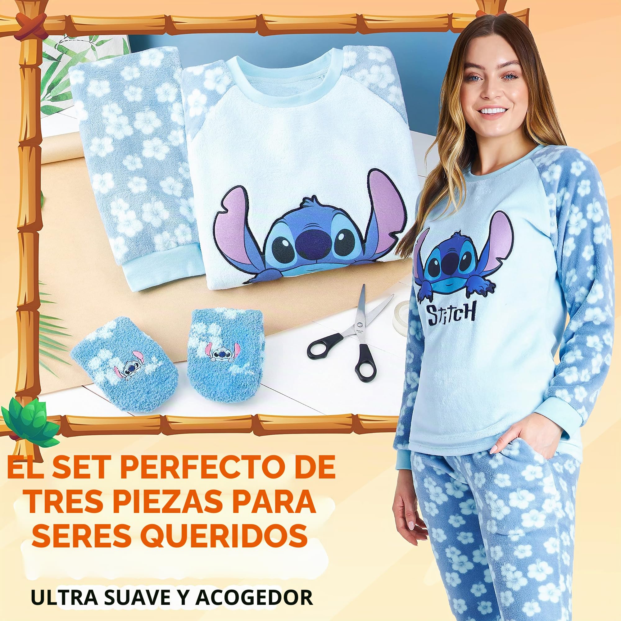 Disney Pijama Mujer Invierno de Polar con Calcetines Stitch Mickey Minnie Baby Yoda (Azul Stitch, L), 8693