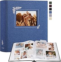 Lanpn Album Fotografico Scrapbooking, Grande Lino Design della finestra DIY Scrapbook 100 pagine bianche con divisori di cellofan per foto 9x13 cm 10x15 cm 13x18 cm (30x33,5cm, Blu)