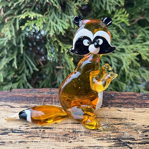 Figura de mapache de cristal amarillo – Miniatura soplada a mano estilo Murano – Escultura de mapache de cristal artístico para escritorio o estante