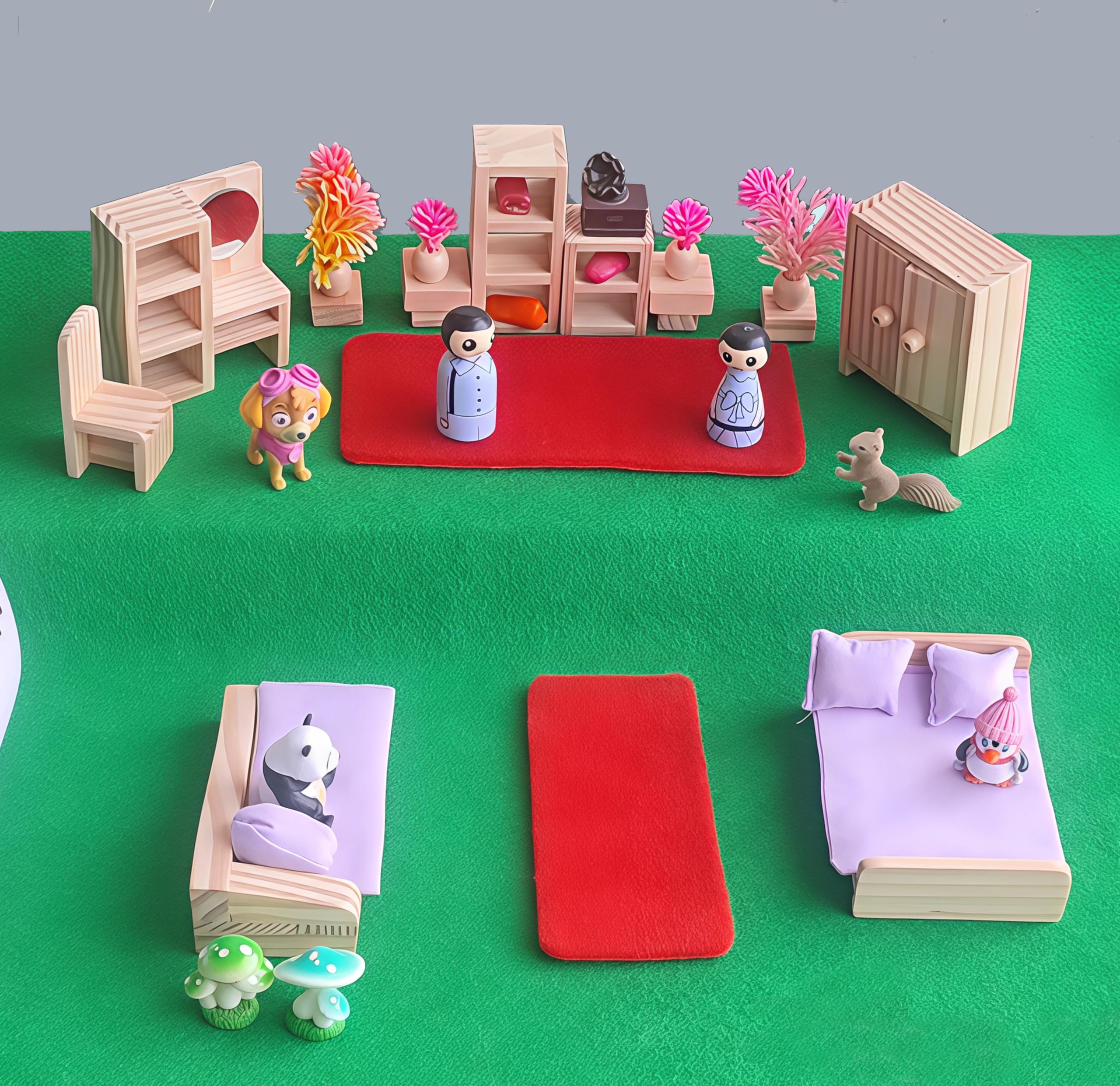 TinyMinyWorld Dollhouse Accessories Furniture Set (Wooden): Drawing Room - Kitchen - Bedroom - Toilet (Bedroom Grand +) 3