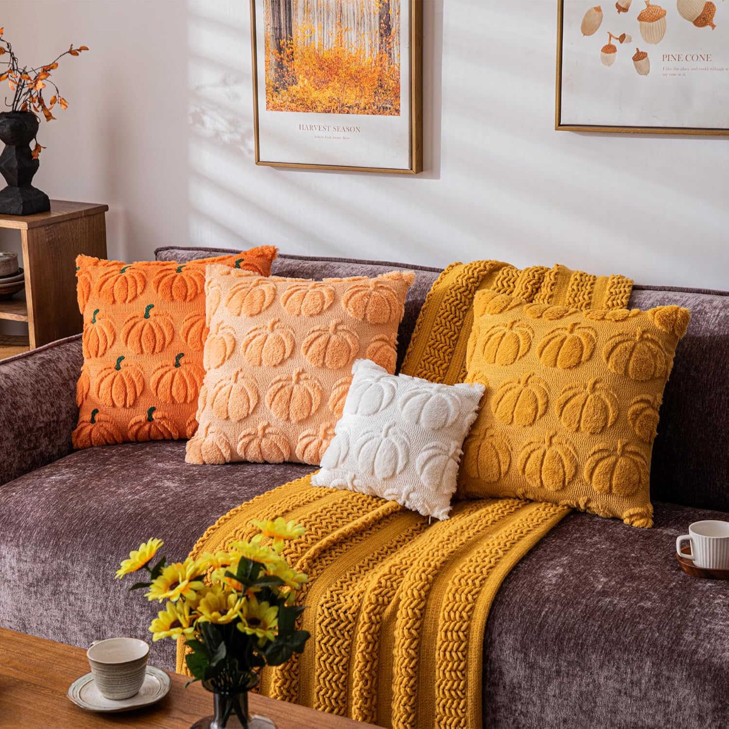 Pumpkin Fall Decorative Throw Pillow Covers 20"x20", Set of 2 Orange Green Soft Faux Fur Pillow Covers for Autumn Harvest, Fluffy Plush Accent Pillow Cases for Farmhouse Halloween Decor