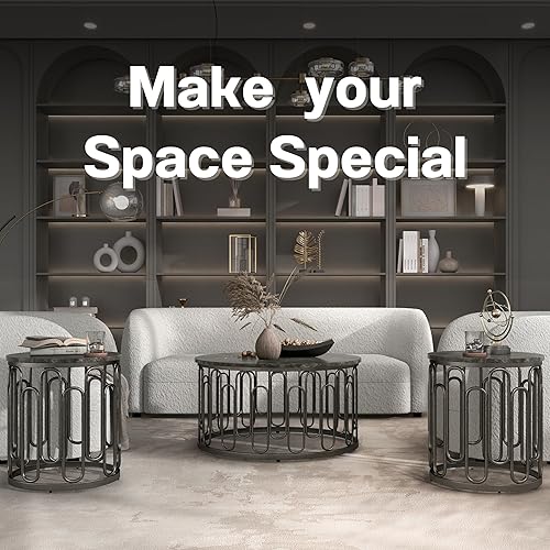 Miniatura 6 de Furniture of America Davis - Mesa auxiliar redonda moderna con parte superior de mármol, patas de metal resistentes y estante abierto para sala de