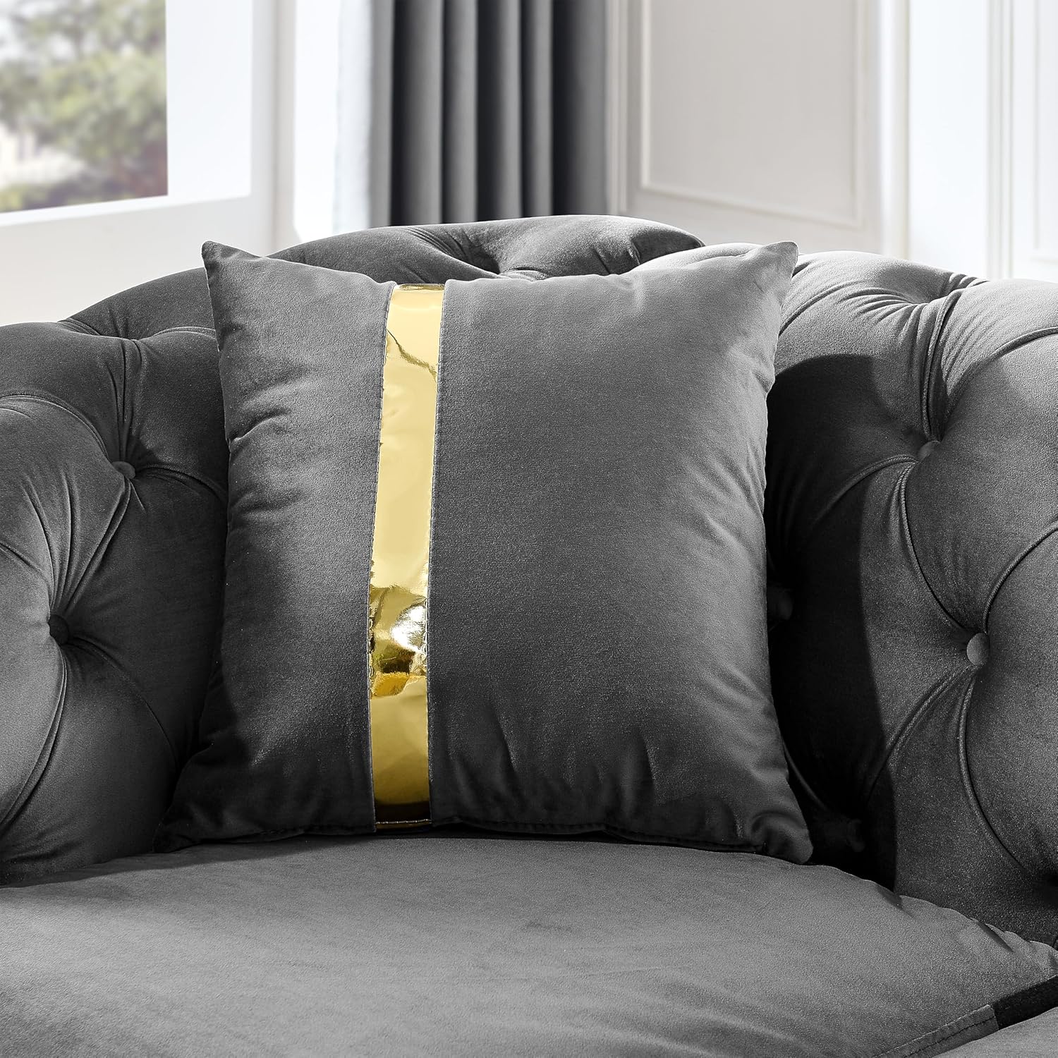 Velvet Chesterfield Sofa, 90.6" Luxury Vintage Couch for Living Room Button Tufted 3 Seater Mid Century Modern Couch with 2 Pillows and Gold Legs for Office, Apartment, Grey