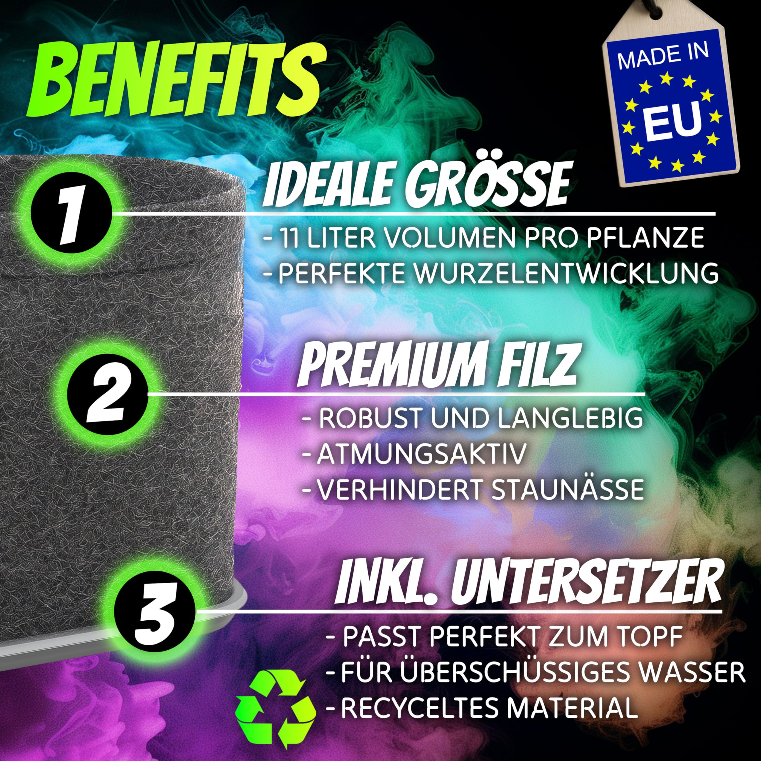 HOMEGROW24 Pflanztöpfe mit und ohne Untersetzern im Set, viereckige Filztöpfe je 11 L, Stofftöpfe für Anbau und Zucht von Pflanzen (6er Set mit 6 Untersetzern)