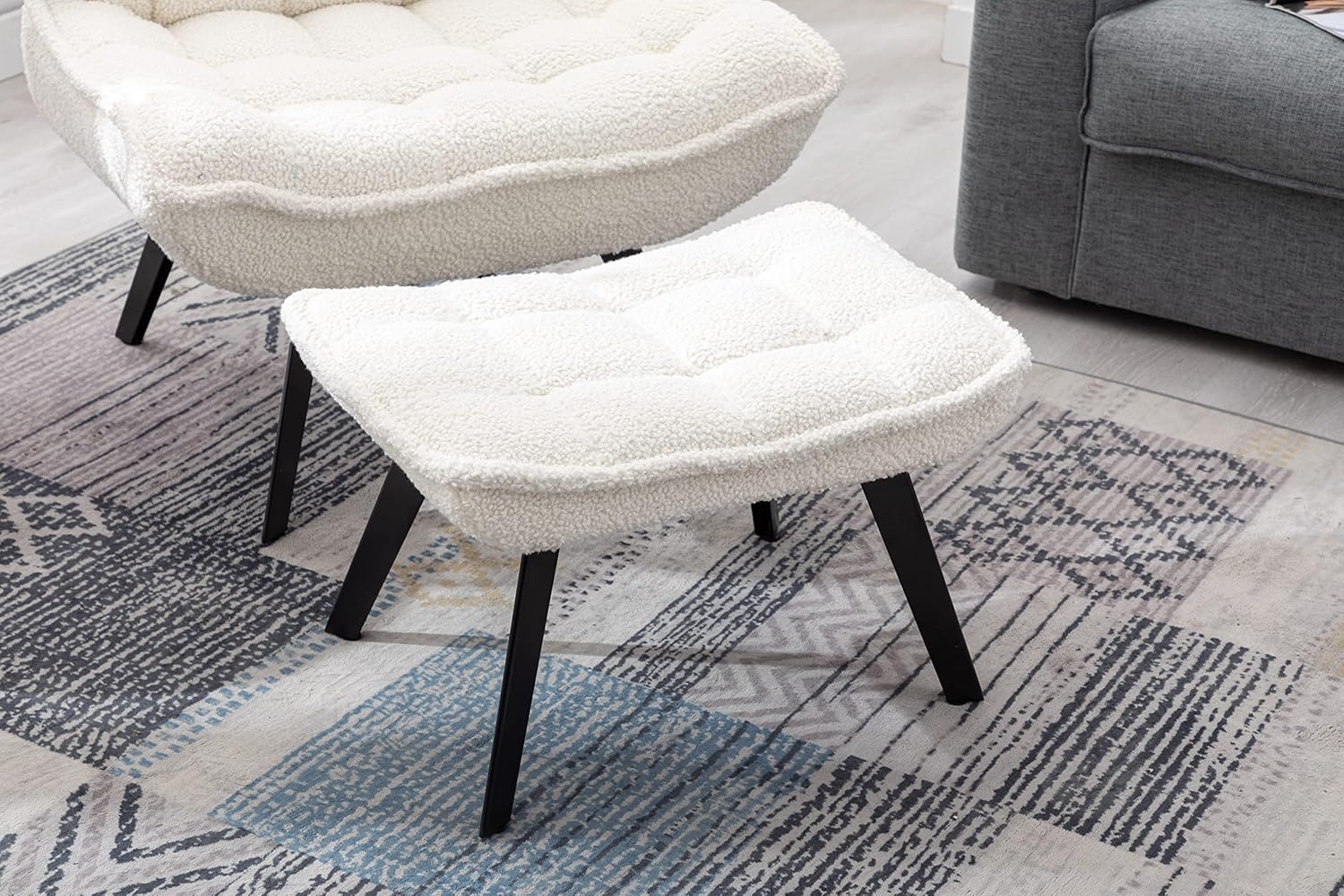Modern Soft Teddy Fabric Tub Chair Accent Armchairs Leisure Chair TV Chair Bedroom Chair With Ottoman for Living Room (White)