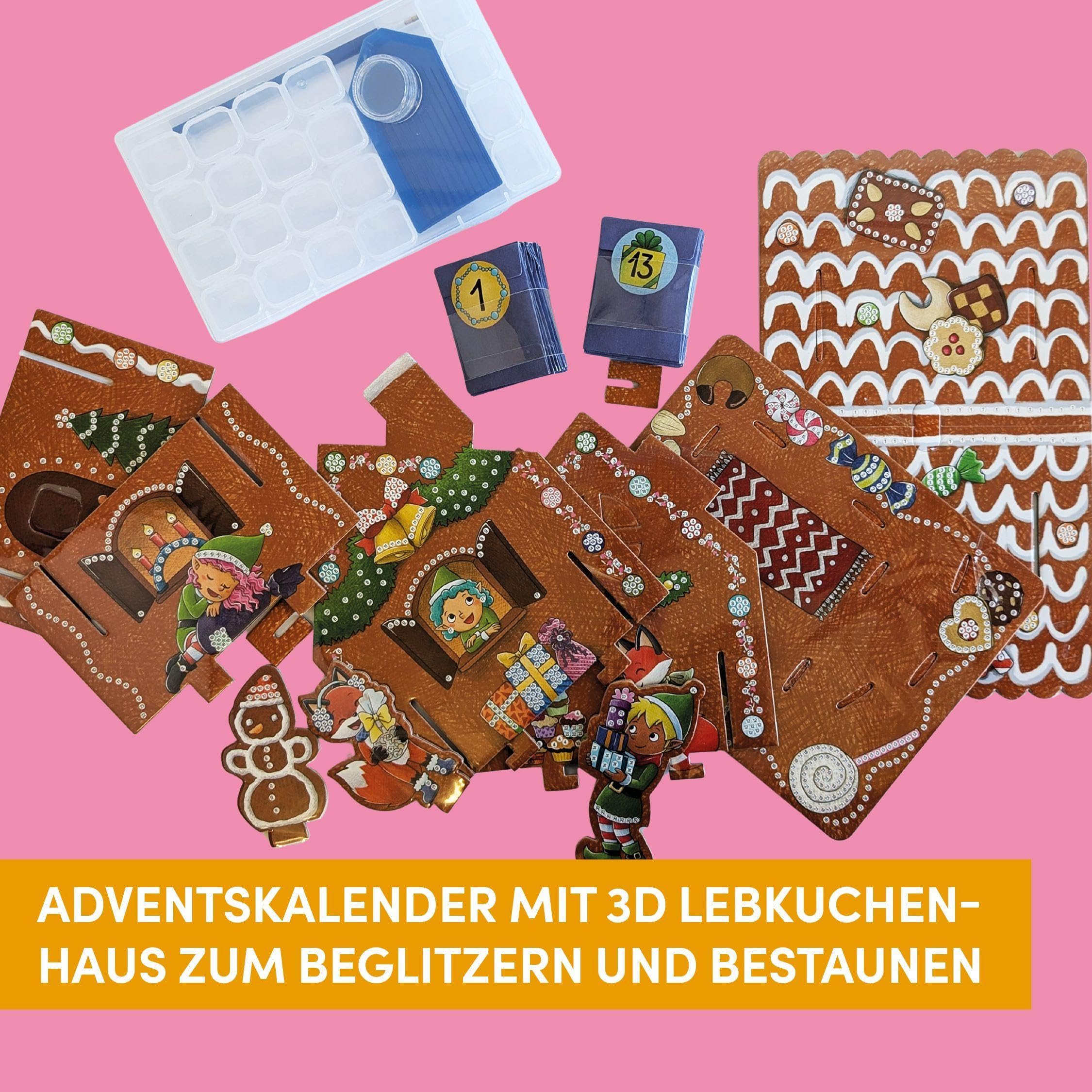 Diamond Painting Adventskalender Lebkuchenhaus. Mit Material und Werkzeug: 3D-Lebkuchenhaus, 1.200 Glas-Diamanten (19 Farben), Diamond Pen, Steinschiffchen, Wachs, Box