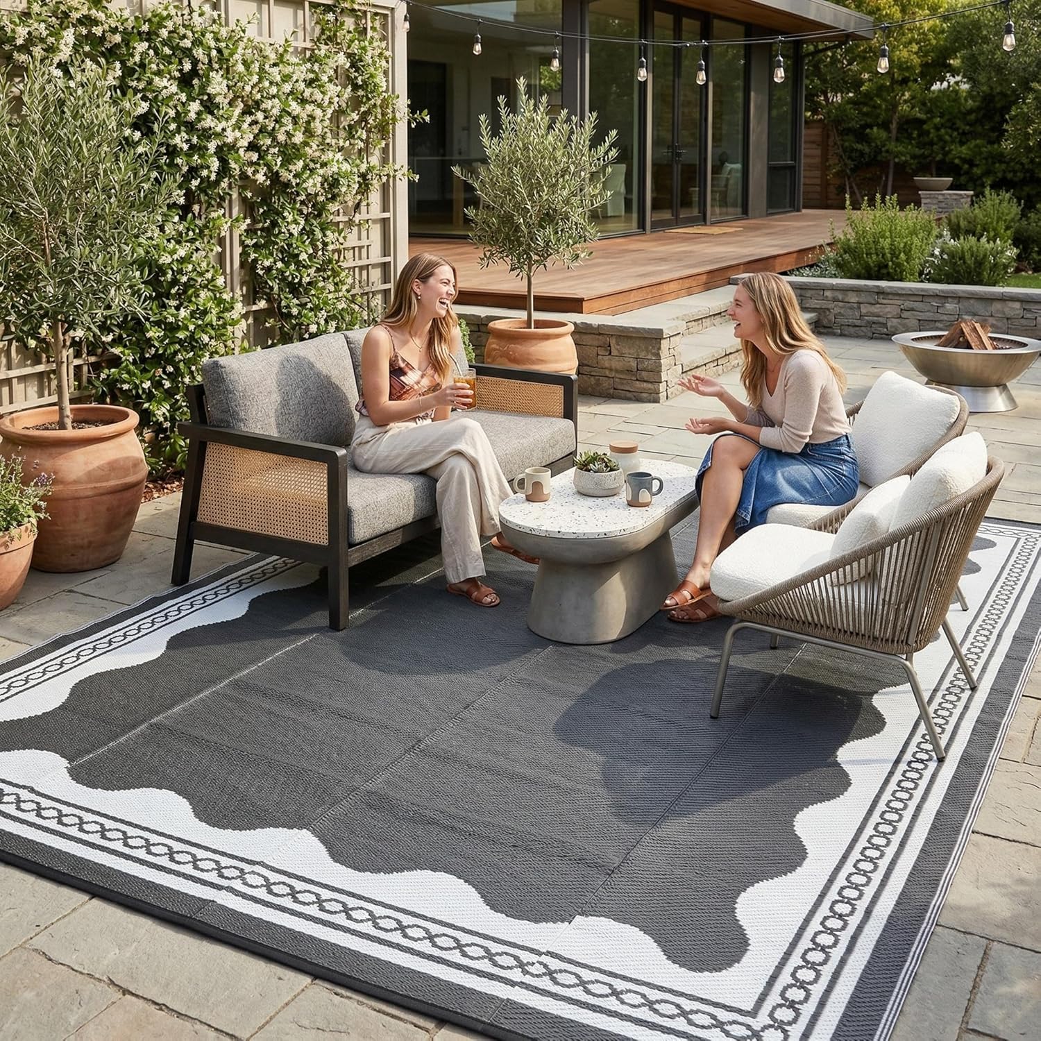 GarveeHome Outdoor Rug 8x10 Patio Waterproof, Reversible Plastic Straw Rugs for Camping, Picnic, Balcony, Porch, RV, Easy-Clean & Quick Dry Scalloped Pattern Large Indoor Outdoor Carpet, Grey