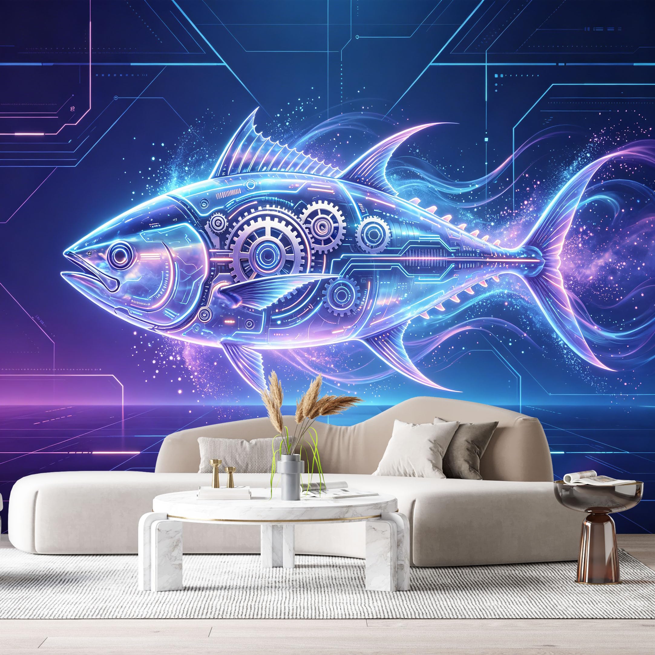 Custom Size Wall Murals Futuristic Mechanical Fish Industrial Abstract Tech Gear Neon Light SelfAdhesive Wall Fabric Removable Large Wallpaper for Photo Living Room