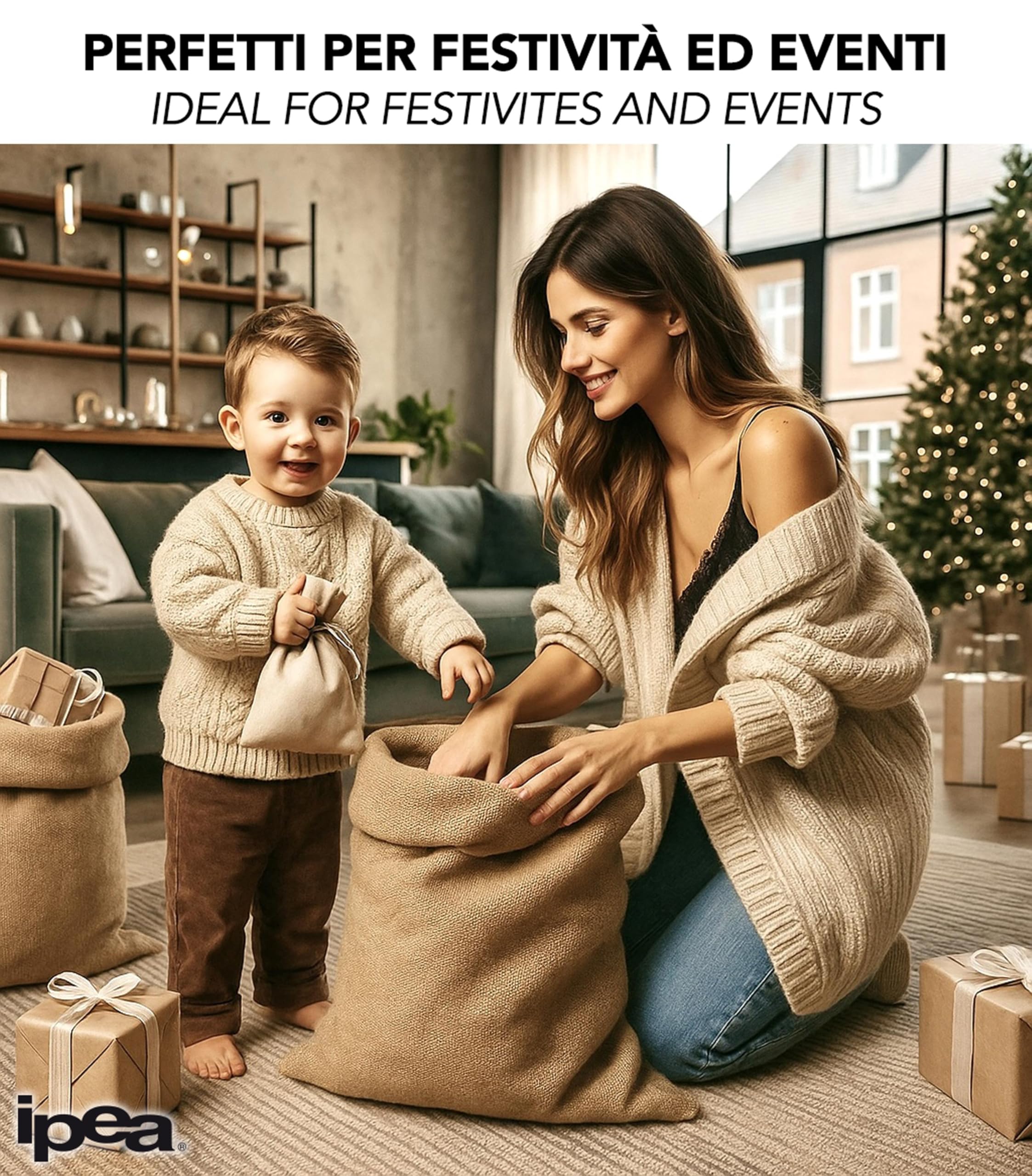 IPEA Sacchi in Juta di Grandi Dimensioni – 80 x 50 cm – Made in Italy – 5 unità – Sacco in Iuta Tessuto Naturale per Fai da Te, Arredamento, Giardinaggio, Contenitore di Oggetti - Sacco Regalo Natale