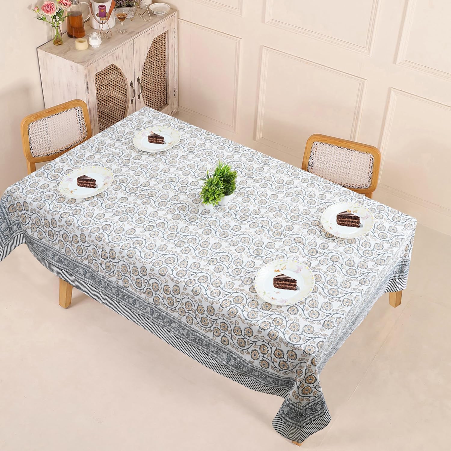 Handblock Print Cotton Tablecloth – 60x90 Rectangular Table Cover 6 Seats – Indian Block Printed Floral Dining Table Linen – Boho Washable Cloth for Kitchen, Party, Outdoor, Off White