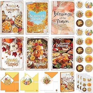 Decorably 18 Pack 5x7in Happy Thanksgiving Cards with Envelopes & Stickers, 6 Charming Designs