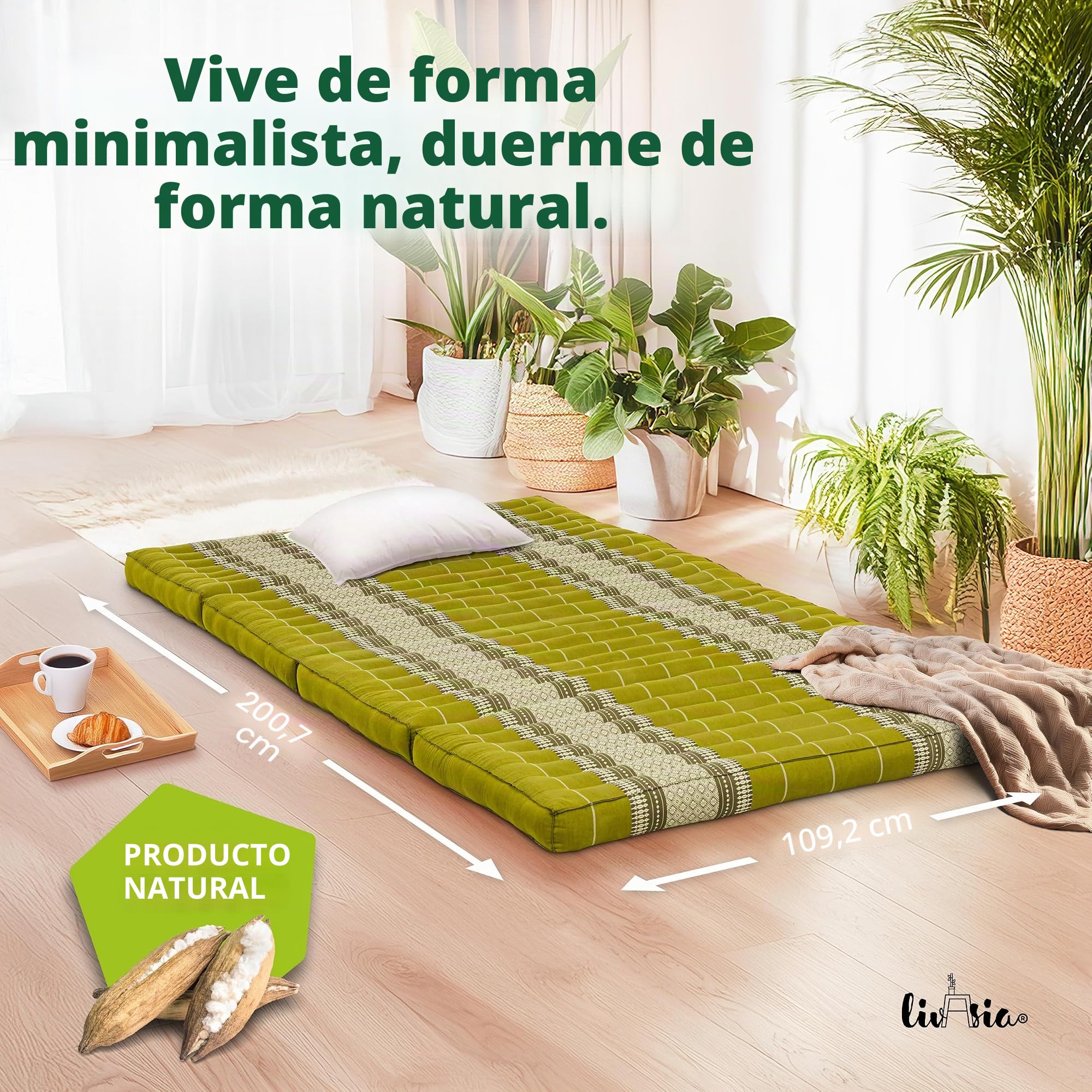 livasia Colchón Plegable sostenible de kapok - 200x110x8cm - Amplio colchón de Invitados, Cama Plegable, Esterilla ecológica de Yoga, Cama Invitados Plegable, Jardín y balcón (Verde)