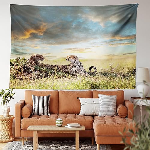 Ambesonne Tapiz de sabana, 2 guepardos en África, naturaleza, hierba, animales peligrosos, cazadores, imagen de clima lluvioso, colgante de pared