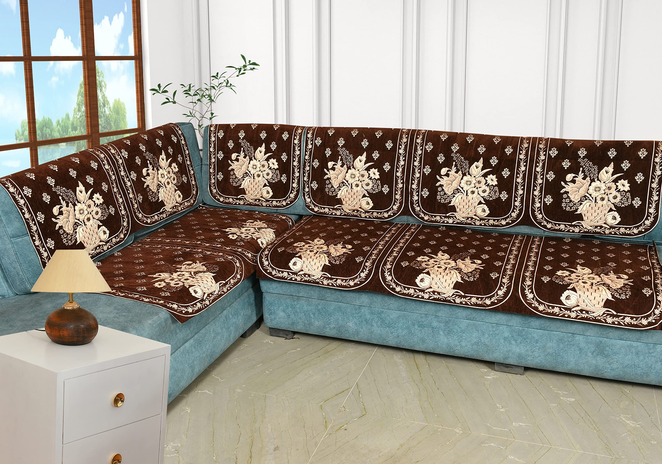 Dazzling DECOR 7 Seater L Shape Sofa Cover Set | Stretchable L Sofa Cover | Elastic Corner Couch Cover | Anti-Slip Sofa Protector | Washable Slipcover for Living Room (Brown)