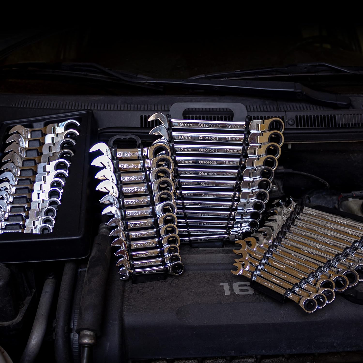 Olsa Tools Flex Head Ratcheting Wrench Set (Metric 12pc) | 6-Point Box End Ratchet Wrenches Set | 120 Tooth Ratchet Wrench Sets | Works on Stripped and Rounded Bolts | Professional Spanner Wrench