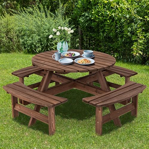 Miniatura 3 de Giantex Juego de mesa de picnic de madera con banco de madera, mesa redonda para 4 adultos u 8 niños, con diseño de sujeción para paraguas, perfecto