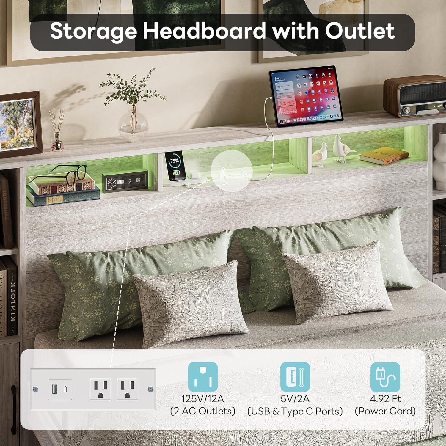 Headboard charging station with outlets and USB ports
