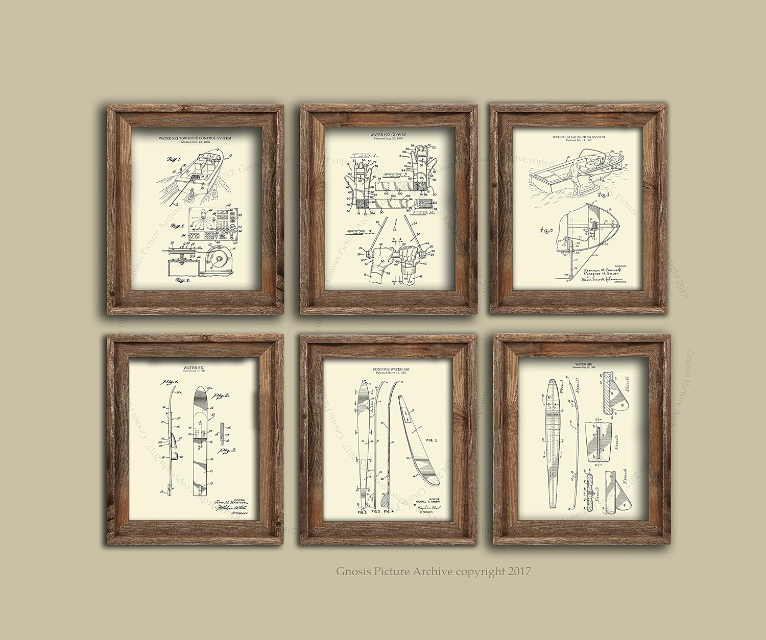 Gnosis Picture Archive Water Ski Decor Set of 6 Unframed Cream Art Prints of Water Skiing Equipment Invention Diagrams