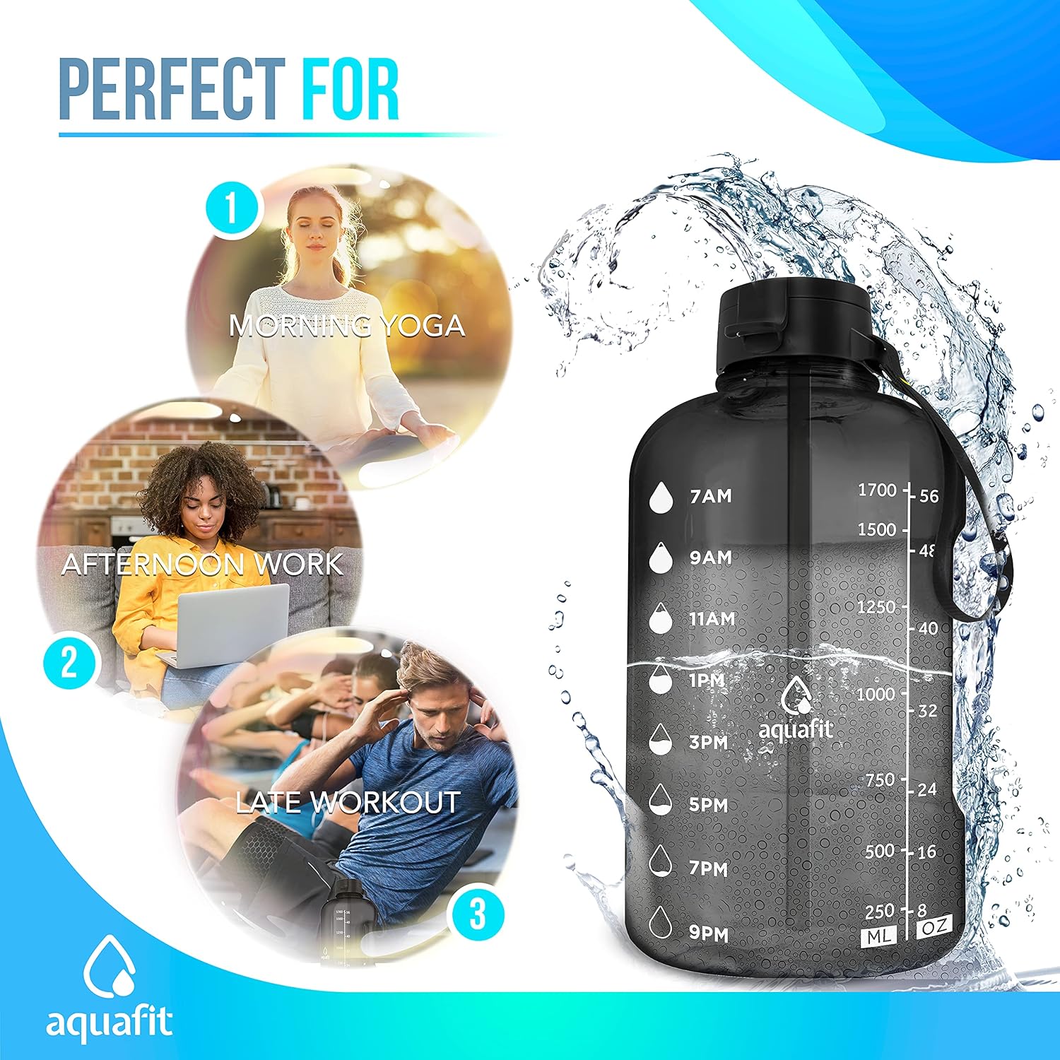AQUAFIT Half Gallon Water Bottle with Straw Half Gallon Water Jug Motivational Water Bottle 64 Ounce Water Bottle with Time Marker Large Water Bottle Big Water Bottle 1/2 Gallon Water Jug Big Water Jug Gray : Sports & Outdoors