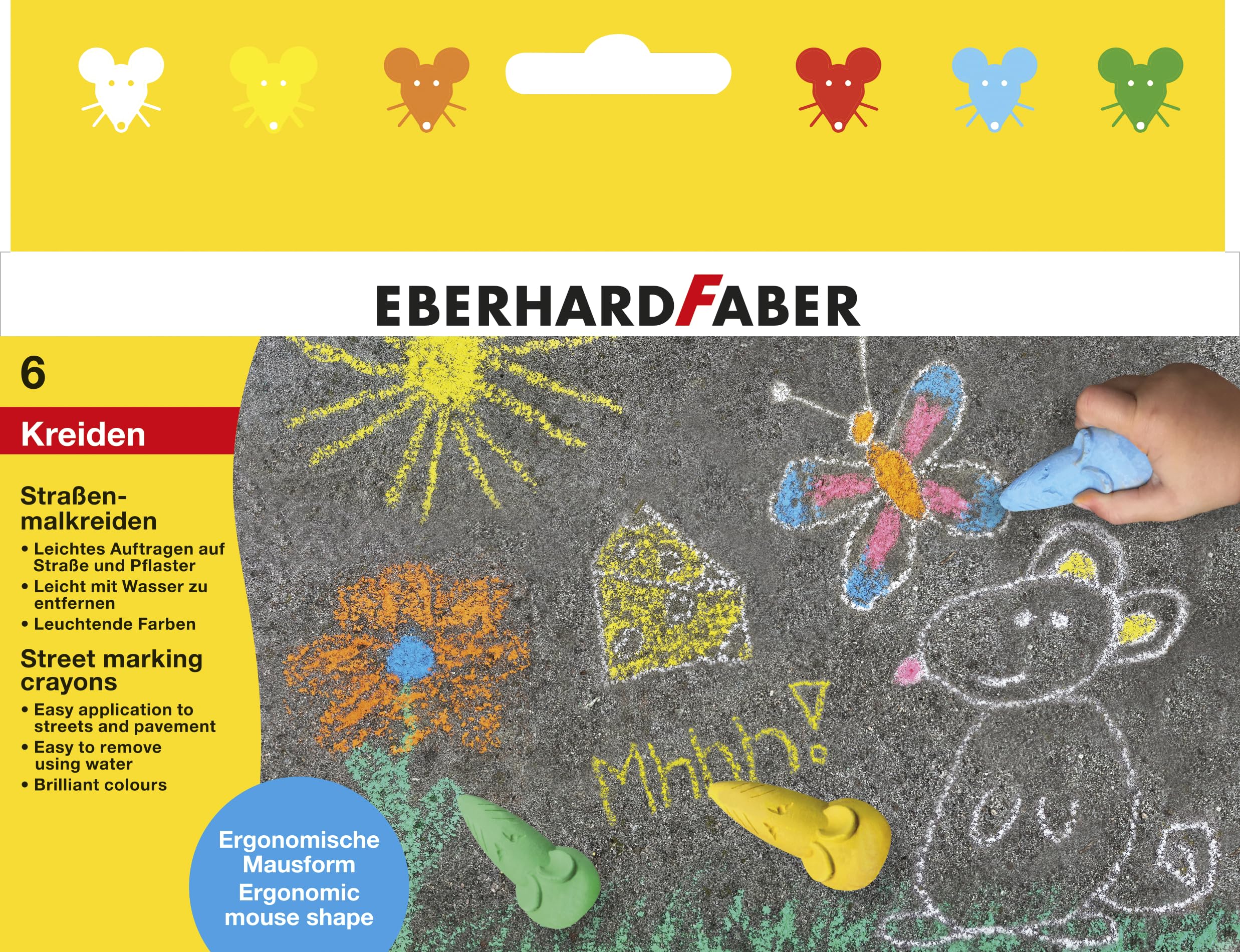 Eberhard Faber 526561 Street Chalk Mouse, 6 Street Chalks for Children from 3 Years, Outdoor Painting Chalk