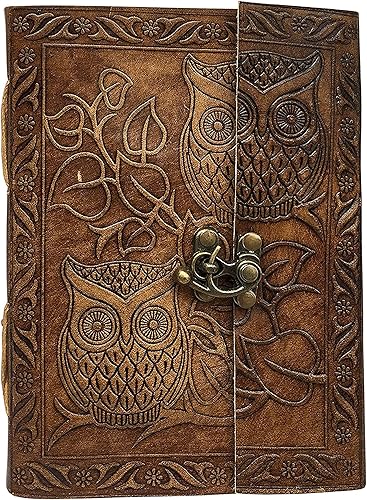 Diario de búho, diario de cuero en relieve de búho, diario de cuero para hombres, diario de cuero para mujeres, diario de papel hecho a mano de 240