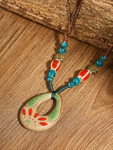 Miniatura 4 de MINACHI Collar con colgante floral de cerámica con cuentas de cerámica bohemia, regalo de joyería bohemia vintage para mujer