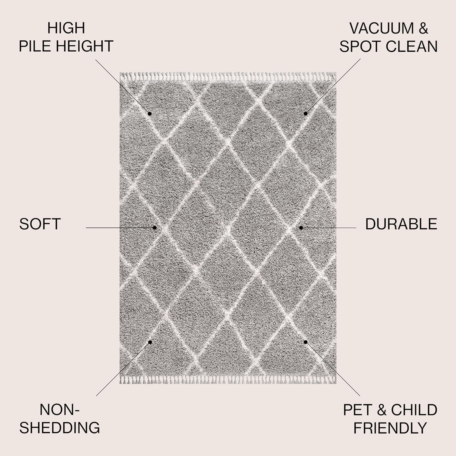 JONATHAN Y Mercer Shag Plush Tassel Gray/Cream Indoor Area Rug, 4x6, Moroccan Geometric Trellis, Transitional, Easy-Cleaning for Living Room, Bedroom, Kitchen, Non-Shedding (MCR104C-4)