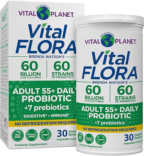 Vital Planet - Vital Flora - Probiótico diario para adultos mayores de 55 años, 60 mil millones de UFC, diversas cepas, prebióticos orgánicos,