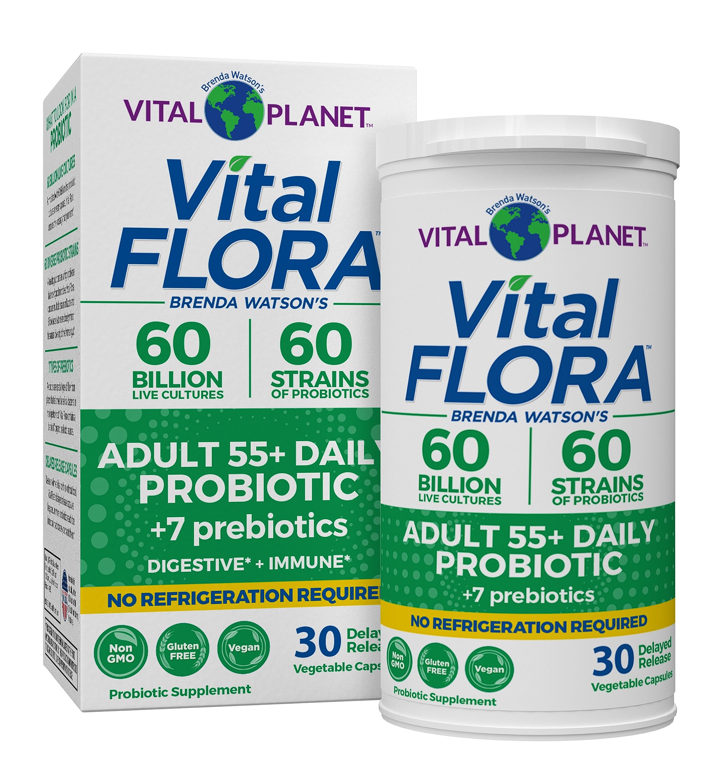 Vital Flora Adults Over 55 Daily Probiotic 60 Billion CFU, Diverse Strains, Organic Prebiotics, Immune and Digestive Health Shelf Stable Probiotics for Women and Men, 30 Capsules