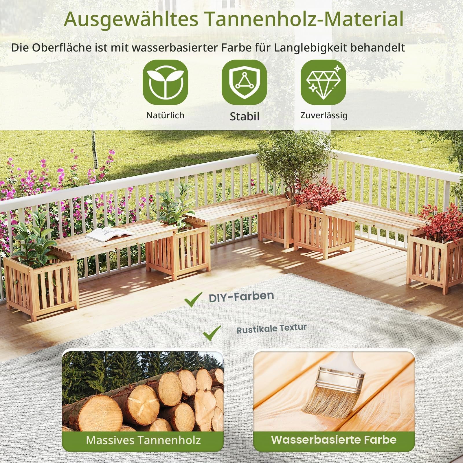 HOMASIS 2 in 1 Blumenkasten mit Gartenbank, 2-Sitzer Sitzbank mit 2 Pflanzkästen, 2 Pflanzkübel mit Bank aus Massivholz, Outdoor Holzbank Gartenmöbel für Garten Hof Terrasse (Natur, 173x40x48 cm)
