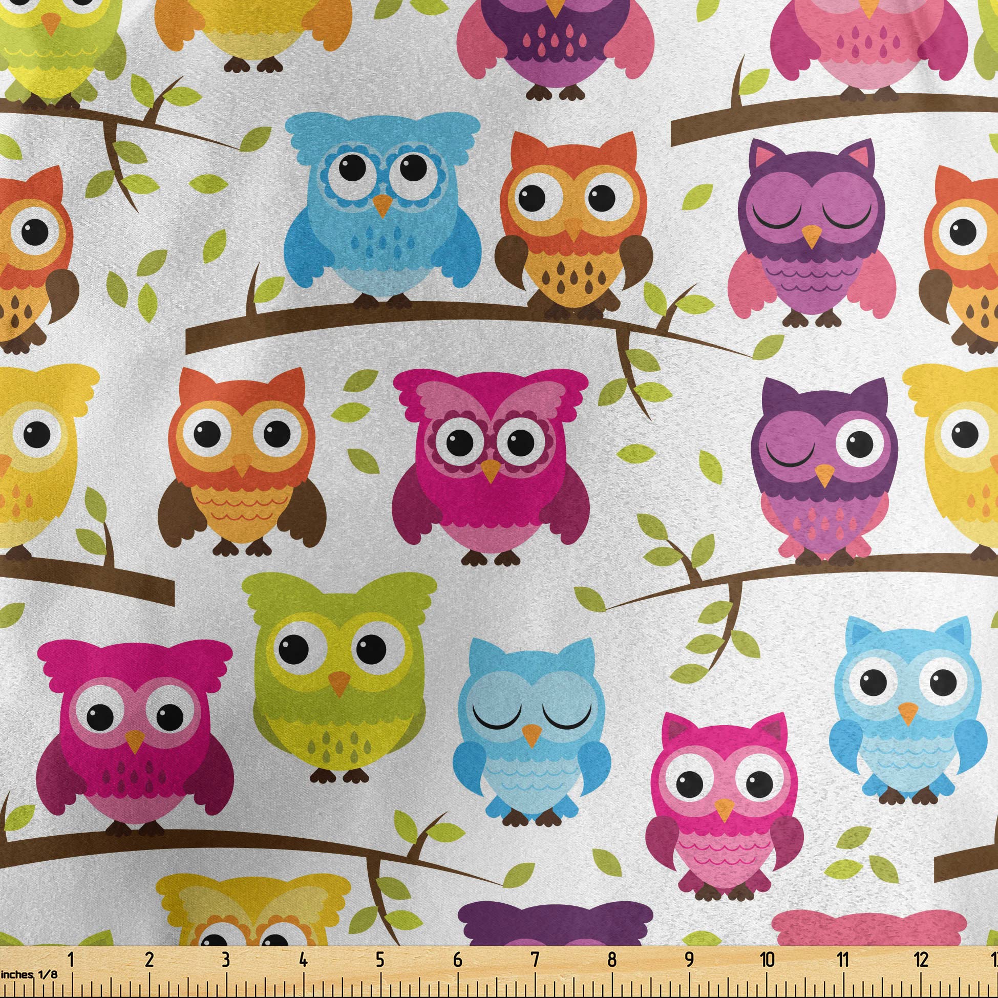 Lunarable Owls Fabric by The Yard, Owls in The Forest Woodland Celebration Friendship Togetherness Themed Artwork Print, Decorative Satin Fabric for Home Textiles and Crafts, 2 Yards, Green Magenta