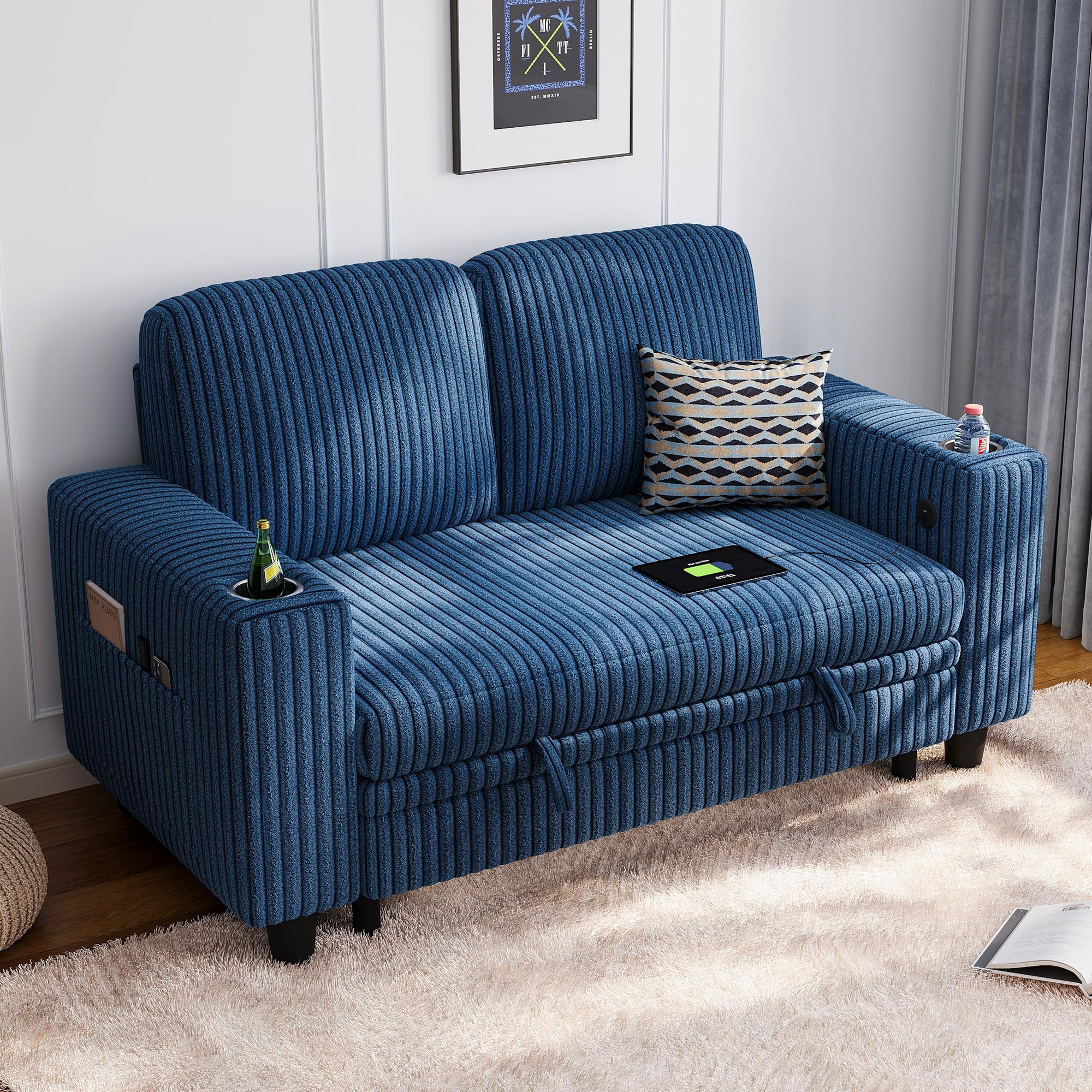 LINSY HOME Loveseat Sofa with Storage - Comfy Plush Corduroy 2 Seater Sofa with USB Charging & Cup Holders, Deep Seat Love Seat for Small Spaces