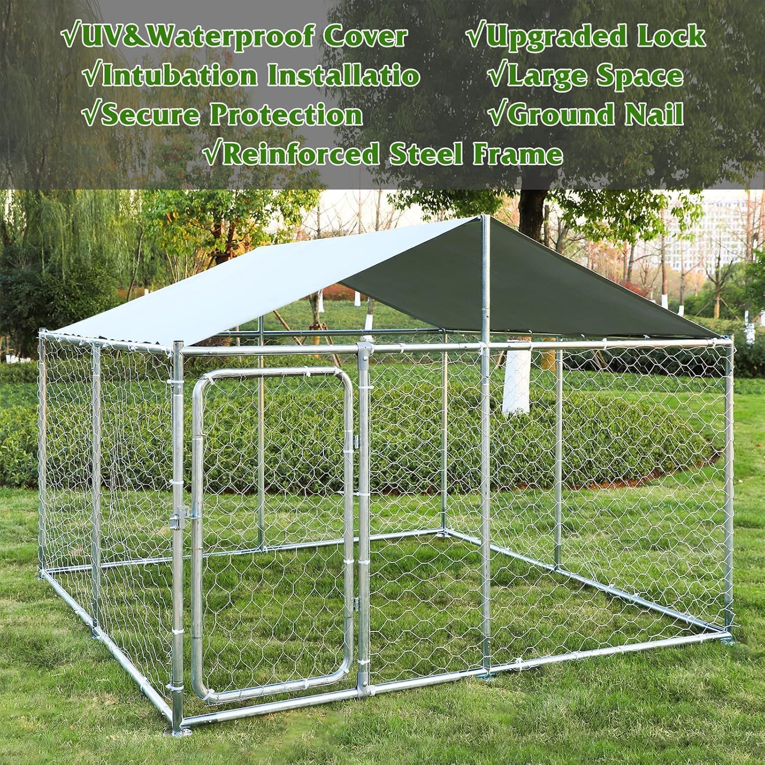 7.5FT Large Outdoor Dog Kennel with Roof, Outside Heavy Duty Dog Run Enclosure House Pet Playpen with Galvanized Chain Link Waterproof Cover and Secure (7.5 x 7.5 FT)