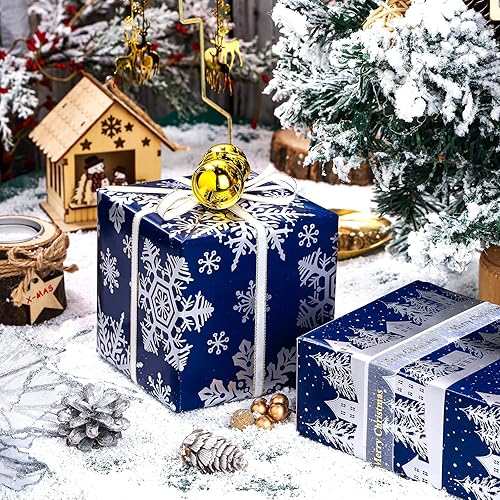 Vista 104 de LeZakaa Mini rollo de papel de regalo de Navidad azul, muñeco de nieve, reno, bola de cristal, árbol de copo de nieve, papel de regalo metálico