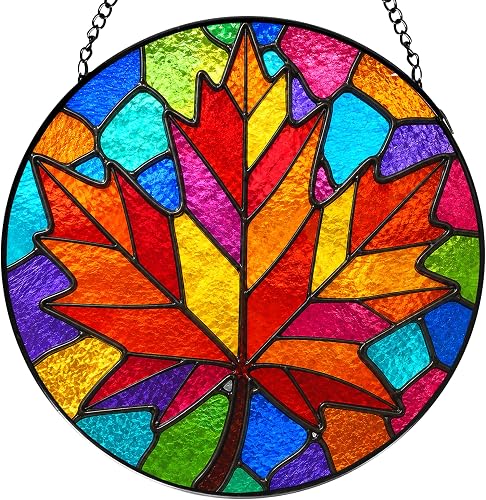LIANGEAGOM Fall Colorful Maple Leaf Stained Glass Window Sun Catchers 7.9in