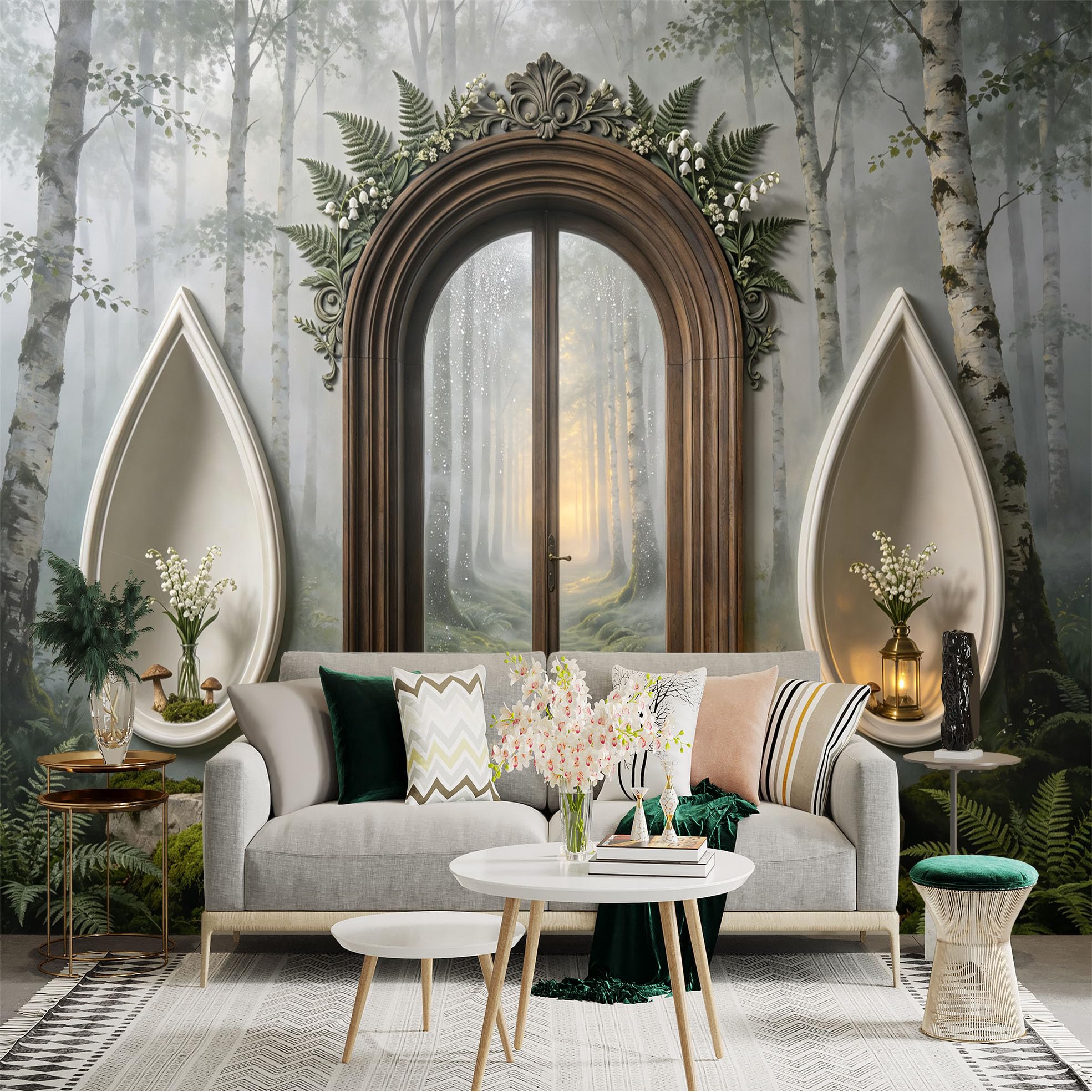 Custom Size Wall Sticker Mural， Mystical Forest Doorway， Foggy Birch Woods， Mossy Nature Scene， for wall Decoration， peelandstick wall Decals.