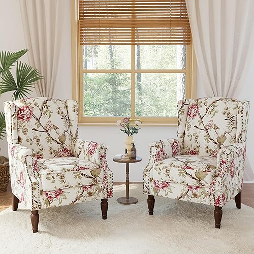 Wingback Accent Chair, 2 Set High Back Floral Armchairs in Fabric,Comfy Upholstered Reading Single Sofa Chairs with Solid Wood Legs for Living Room,Bedroom,Office-Floral Beige