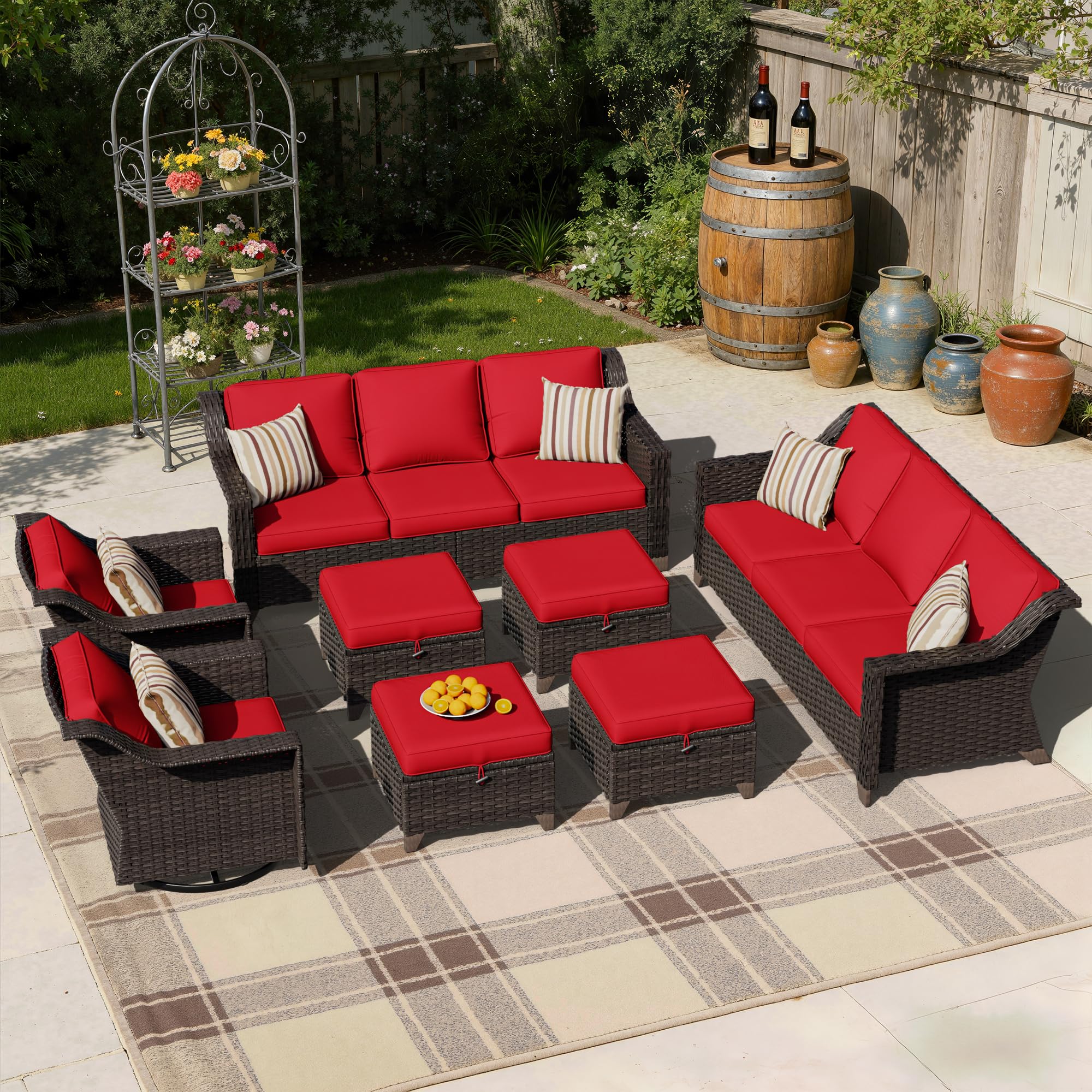 8 Pieces Patio Conversation Furniture Set - 2 Sofas, 4 Ottomans, 2 Swivel Chairs, 1 Side Table, Outdoor Wicker Furniture with Removable Cushions for Porch, Balcony, Sunroom (Red)