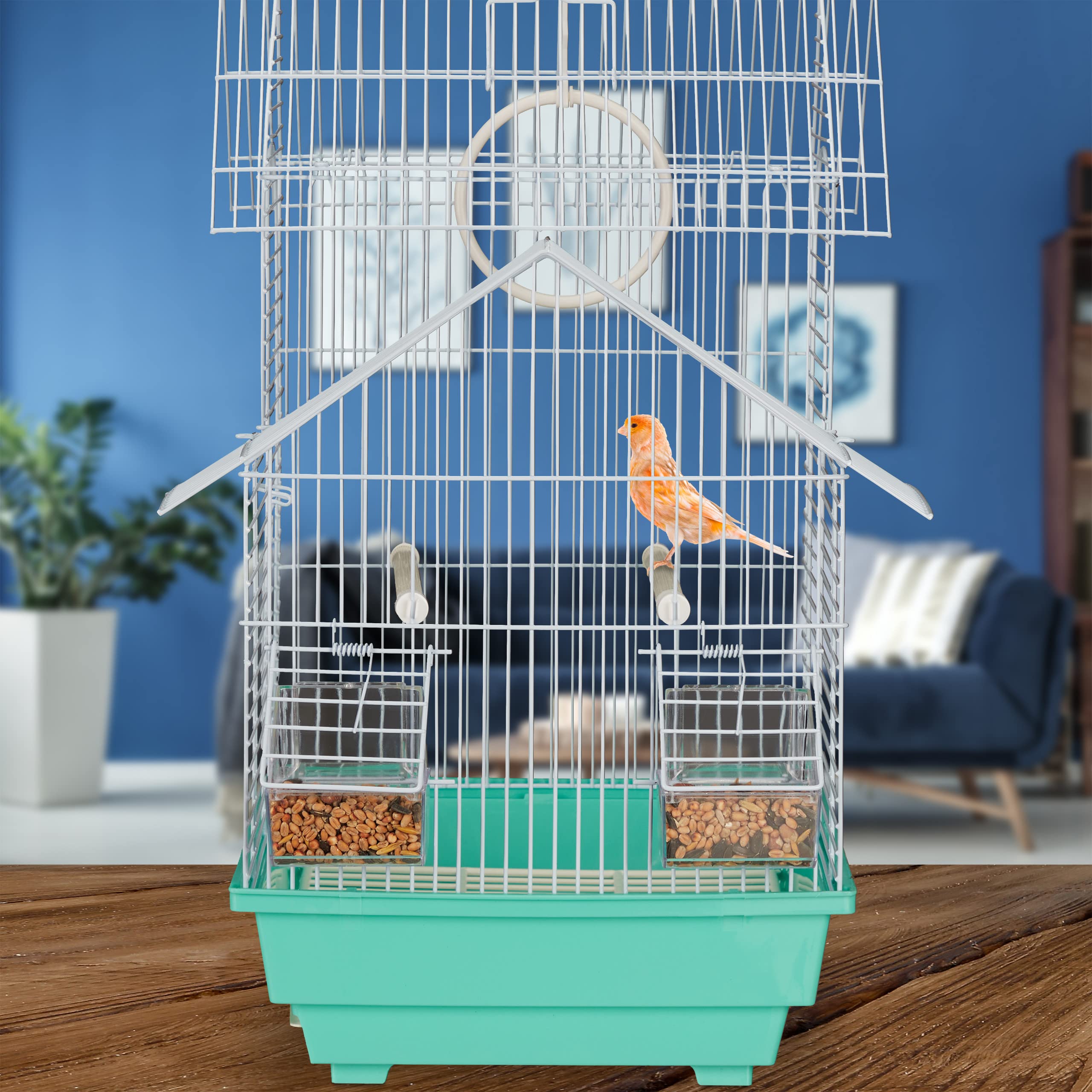 Relaxdays Cage à Oiseaux, métal, pour de Petits canaris, perchoirs & mangeoires, 50 x 42,5 x 33,5 cm, Bleu Clair/Menthe