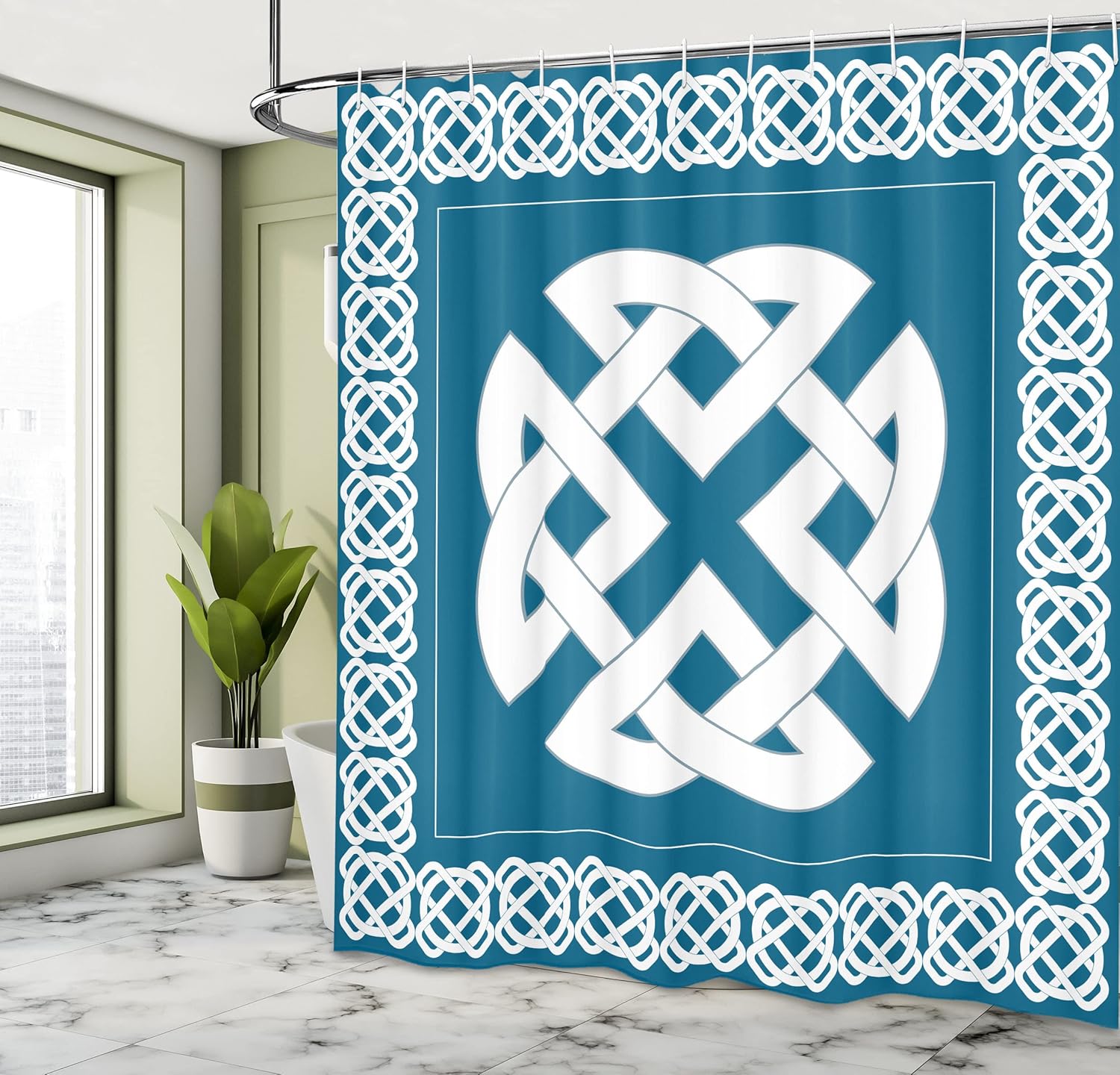 Ambesonne Celtic Shower Curtain, Everlasting Knot Motif Representing 4 Elements Earth Water and Air, Cloth Fabric Bathroom Decor Set with Hooks, 69" W x 70" L, Petrol Blue White