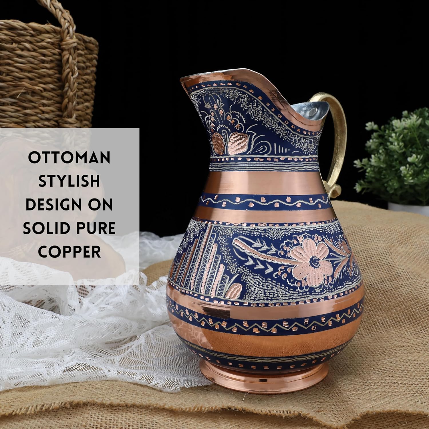 Art of Painting with Handmade Silver Decoration on Pure Copper Pitcher - Largest Copper Jug for Drinking Water and Decorative Purposes - Copper Decor for Home, Restaurant and Gifting. (Dark blue)