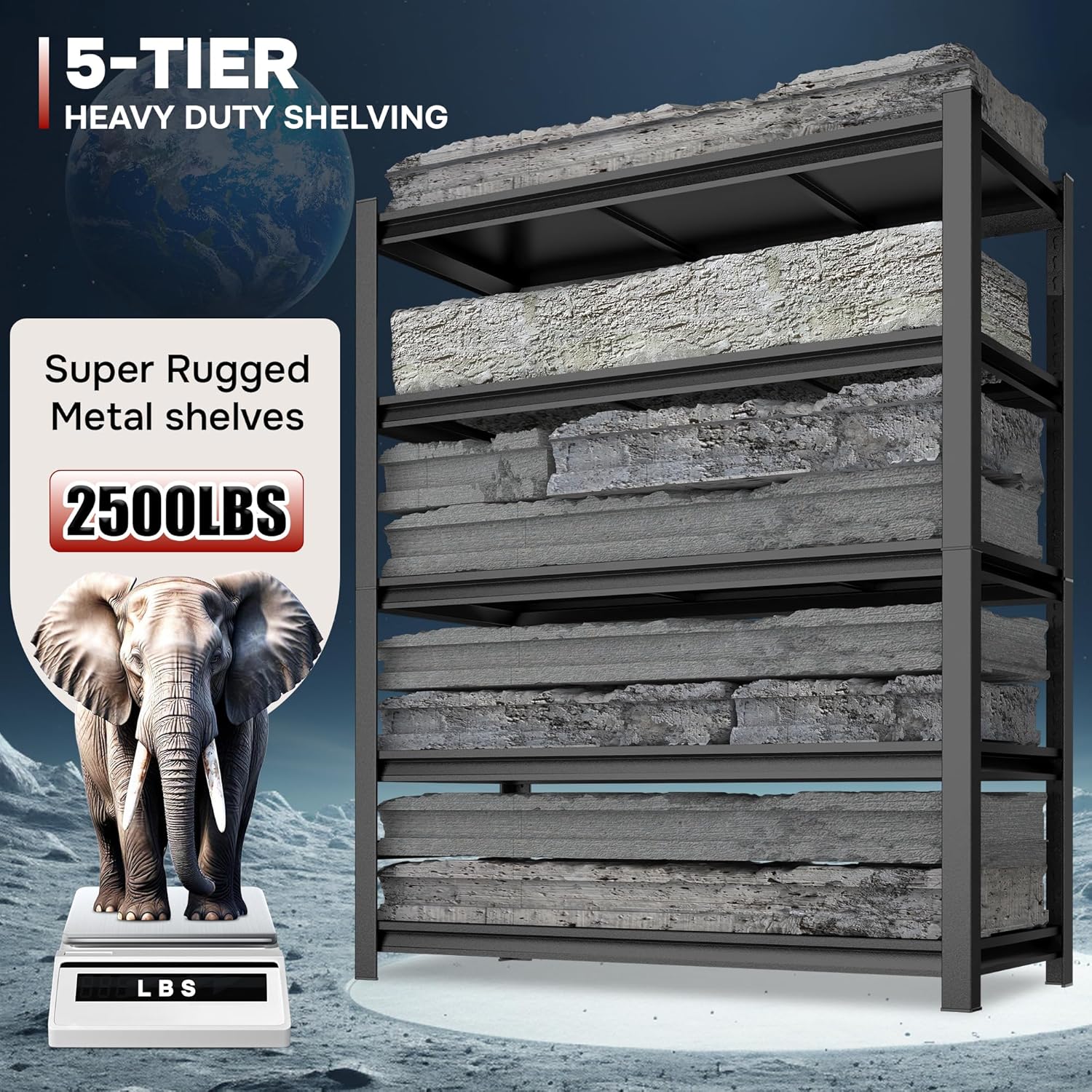 5-Tier Tall Storage Shelves, 2500 LBS Load Capacity, Adjustable Metal Garage Shelving Unit, 35.4" W x 13.8" D x 77.4" H, Multipurpose Rack for Basement & Workshop